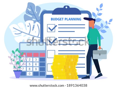 Vector illustration of business concept, budget planning, financial analyst on checklist paper, new financial plan chart data, balance sheet financial statements. Expenditures and income.