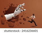 Vector illustration of business concept, a businessman running pursued by giant robot hand