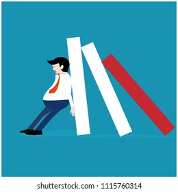 Vector illustration business concept. Businessman try to stop domino effect. stopped  insolvent.