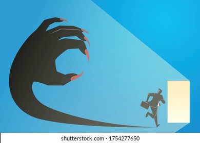 Vector illustration of business concept, a businessman running toward door pursued by giant hand shadow 