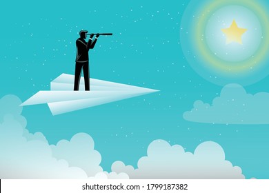 Vector illustration of business concept, businessman using telescope on paper plane looking up a stars