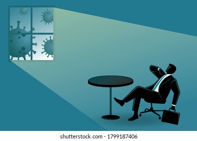 Vector illustration of business concept, businessman sitting while looking his watch, waiting for the end of the corona pandemic