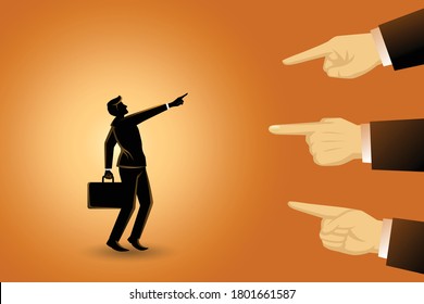 Vector illustration of business concept, a businessman being pointed by giant fingers, hands pointing to blame a businessman