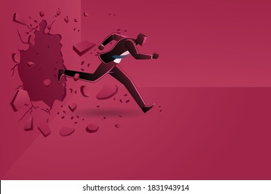 Vector illustration of business concept, businessman running breaking the wall