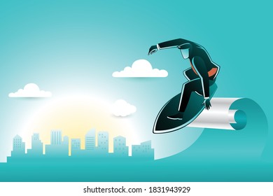 Vector illustration of business concept, businessman surfing on city buildings background