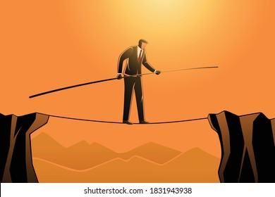 Vector illustration of business concept,  a businessman walking on rope while holding a pole