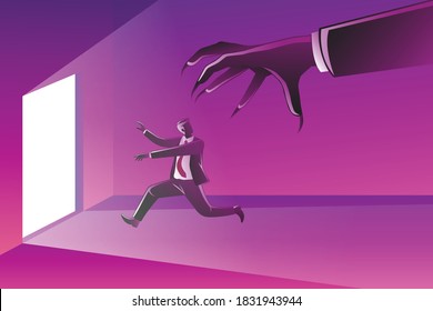 Vector illustration of business concept, a businessman running toward door pursued by evil giant hand