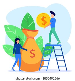 Vector illustration of a business concept, businessman lifting his coin into his pocket, fast economic growth. Successful investor or entrepreneur. Financial consulting, investment and savings.