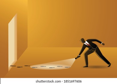 Vector illustration of business concept, businessman with flashlight investigating suspicious footprints