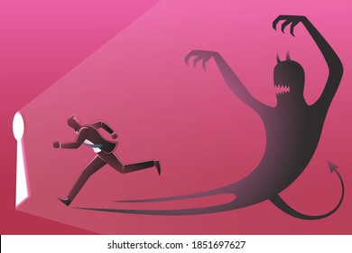 Vector Illustration Of Business Concept, A Businessman Running Toward Keyhole Pursued By His Own Evil Shadow