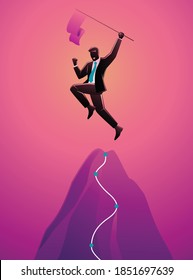 Vector Illustration Of Business Concept, Businessman Holding Flag On Top Of Mountain, Success Symbol For Businessman