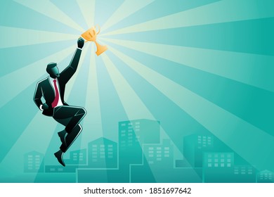 Vector illustration of business concept, a businessman jumping while holding trophy on buildings background