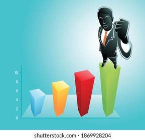 Vector illustration of business concept, businessman standing on graph chart while clenching his fists