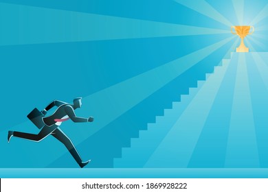 Vector illustration of business concept, businessman running up stairs to success, try to reaching a trophy 