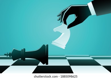 Vector illustration of business concept, businessman using chess knight horse to kick a king in chess game