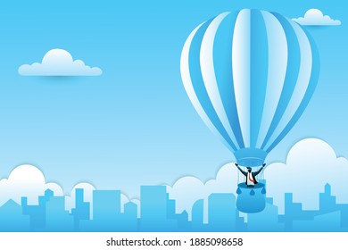 Vector illustration of business concept, businessman in a hot air balloon over city on clouds background