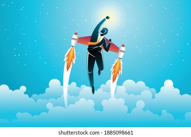 Vector illustration of business concept, businessman flying with a jet backpack