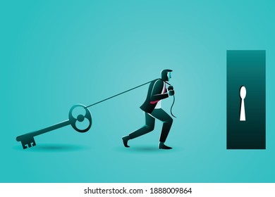 Vector illustration of business concept, businessman pulling large key to a door to open it