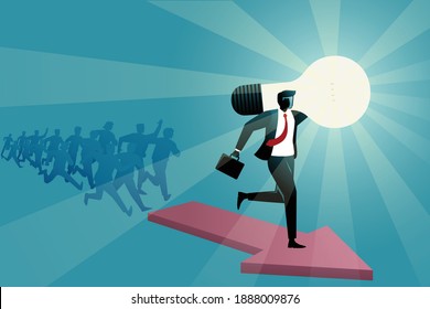 Vector illustration of business concept, businessman running while carrying bulb then many people followed him