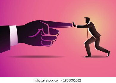 Vector Illustration Of Business Concept, Businessman Push Against Pointing Giants Forefinger