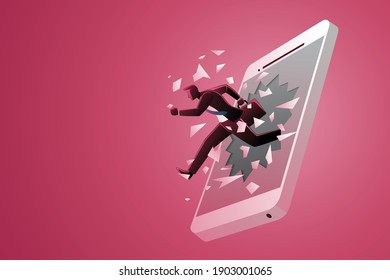 Vector illustration of business concept, businessman appearing breaks surface of smartphone monitor