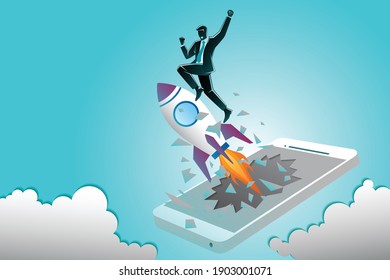 Vector illustration of business concept, businessman with rocket appearing from mobile phone