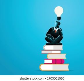 Vector illustration of business concept, businessman sitting cross-legged on pile of book with electric bulb on his head