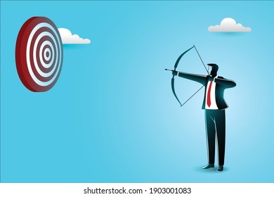 Vector illustration of business concept, businessman aiming at target with bow and arrow