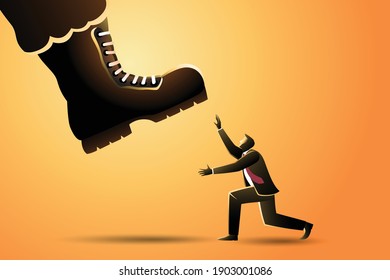 Vector illustration of business concept, Businessman under a big military shoe