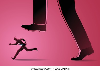 Vector illustration of business concept, businessman runs from giant foot