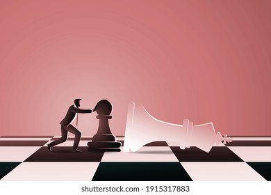 Vector illustration of business concept, businessman on chess board pushing chess pawn to fall down white king chess