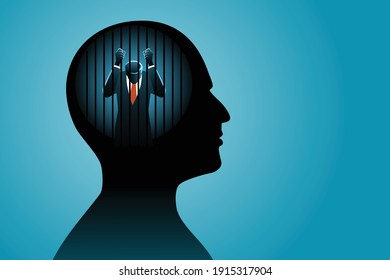 Vector illustration of business concept, a businessman in human head being in jail