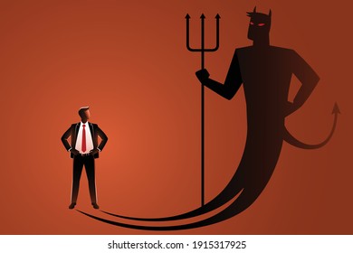 Vector illustration of business concept, businessman standing with hands on waist facing his own evil shadow svg