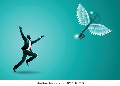 Vector illustration of business concept, businessman chasing a flying key, symbolizing struggle reaching success