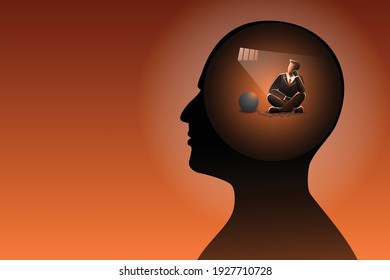 Vector illustration of business concept, businessman in human head being jailed with iron ball chained in his feet