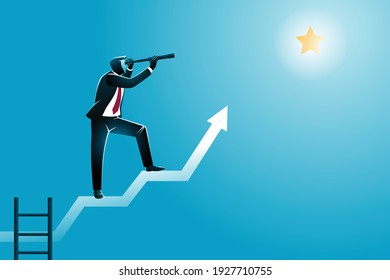 Vector illustration of business concept, a businessman using telescope on graphic chart arrow looking a star, symbolizing success