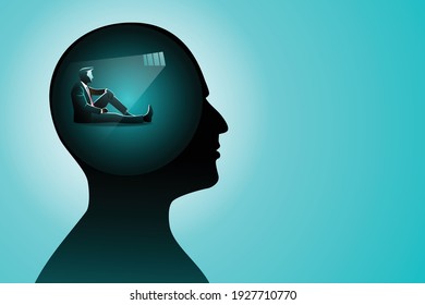 Vector illustration of business concept, businessman sitting on floor while looking into vent