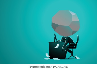 Vector illustration of business concept, businessman sitting in computer desk with big boulder on his nape