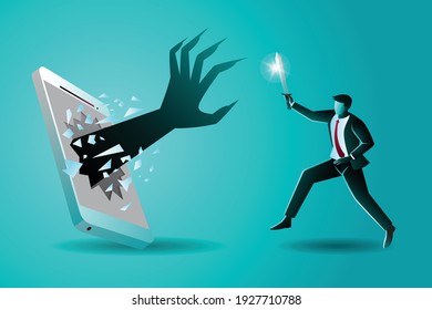 Vector illustration of business concept, a businessman holding sword fighting with big hand which appearing from cellular phone