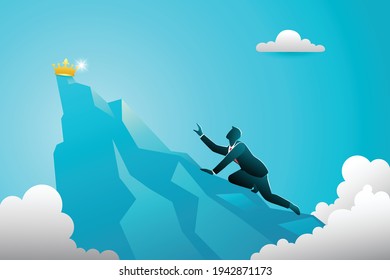 Vector illustration of business concept, businessman climbing toward peak of mountain by crawling try to reach golden crown, symbolizing struggle to success