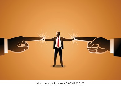 Vector illustration of business concept, a businessman resisting pressure from two pointing giant hand