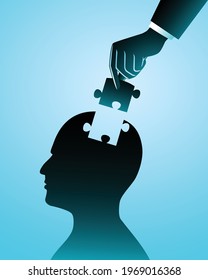 Vector illustration of business concept. Businessman adding last puzzle piece in a head