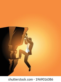 Vector illustration of business concept. Businessman climb up cliff on sunset time