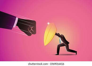 Vector illustration of business concept. Businessman take cover use shield from attacking big fist