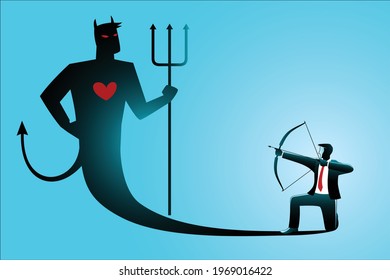 Vector illustration of business concept, businessman aiming his evil own shadow with bow and arrow