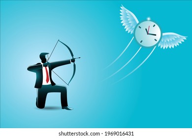 Vector illustration of business concept, businessman aiming a flying clock with bow and arrow