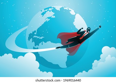 Vector illustration of business concept. Businessman flying around world