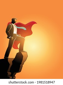 Vector illustration of business concept, businessman as a super hero on the peak of a mountain