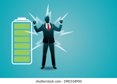 Vector illustration of business concept, businessman rise with powerful battery indicator