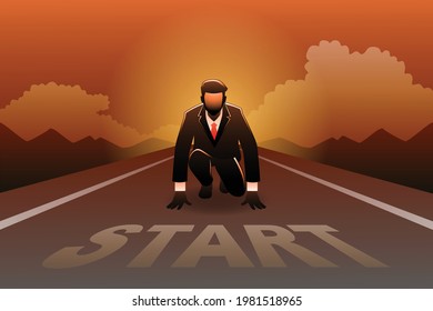 Vector illustration of business concept, businessman ready to sprint on starting line